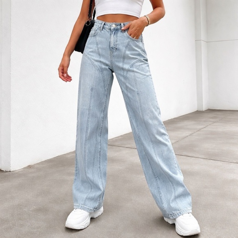 White Fox Light Blue Panel Seam Wide Leg Jeans Small Y2K Streetwear High Rise